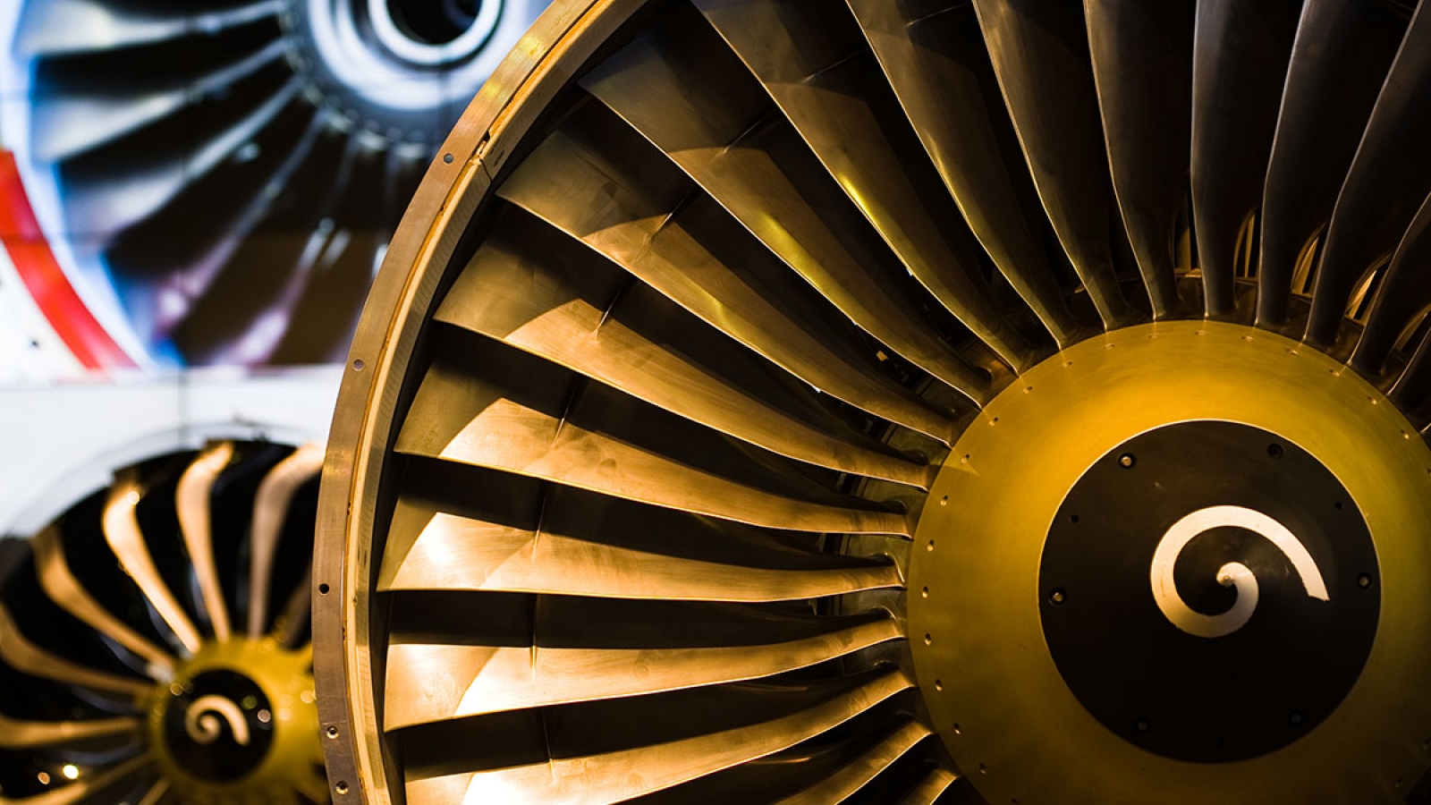 closeup of jet engine turbine fan blades
