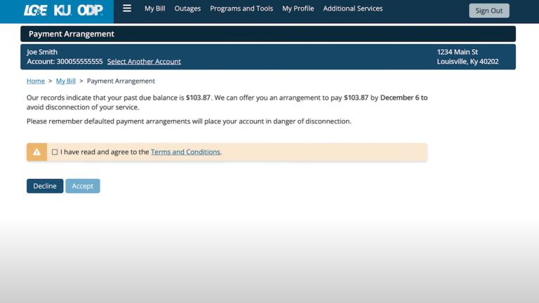 screenshot of payment arrangement on My Account