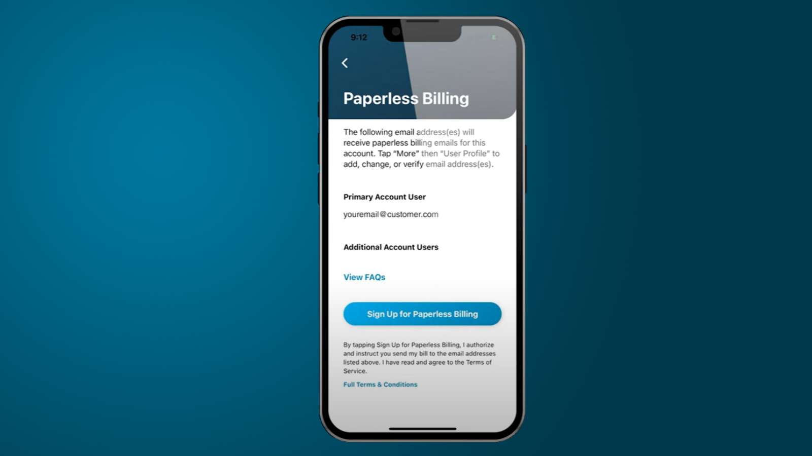 paperless billing signup screen on smartphone