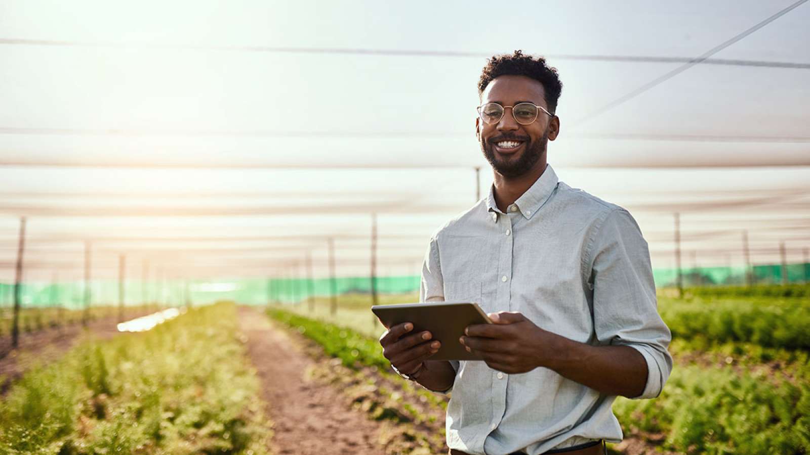 Man with glasses holding tablet in a field of plants