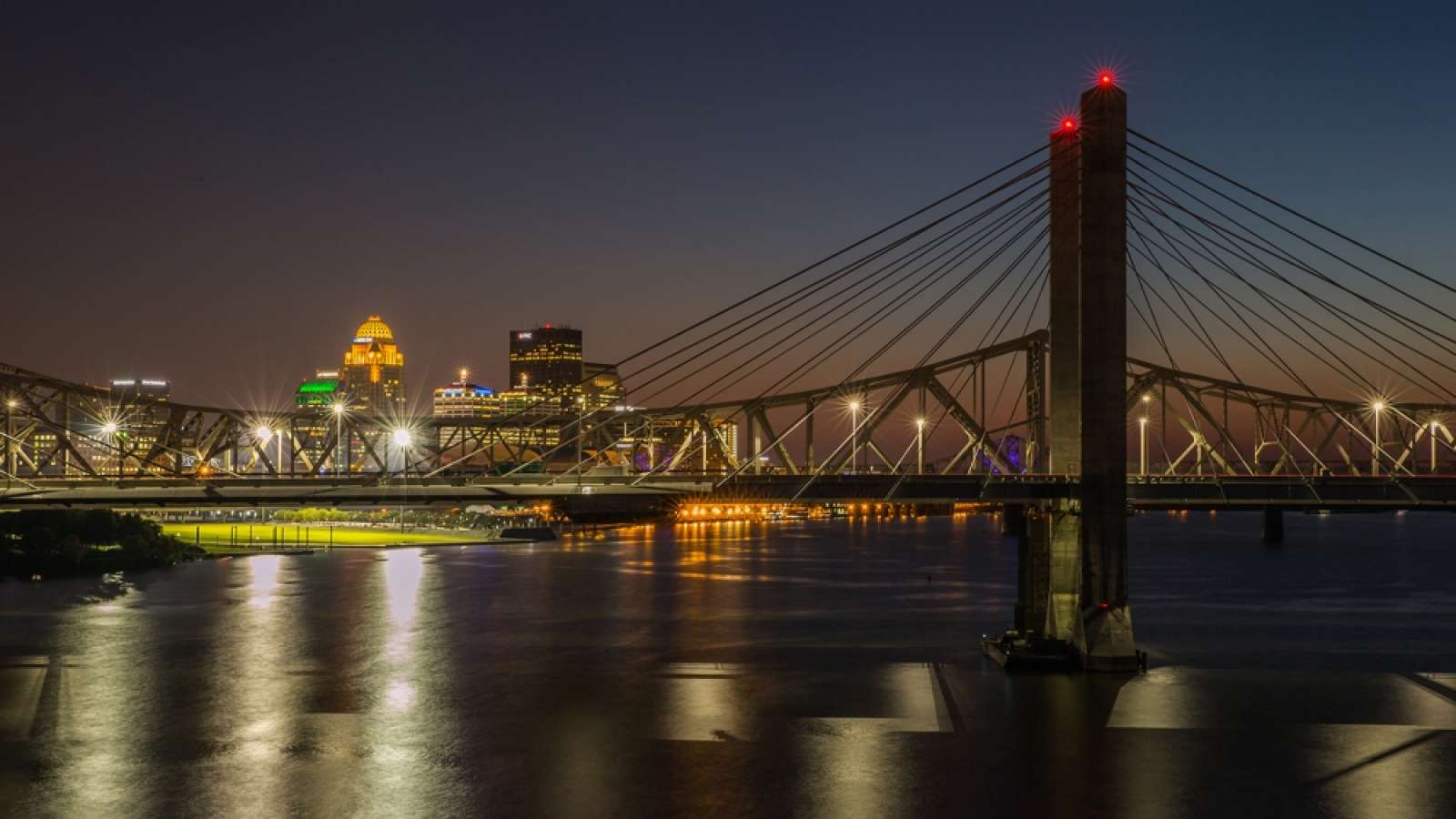 riverfront view of Lincoln Bridge and Louisville skyline