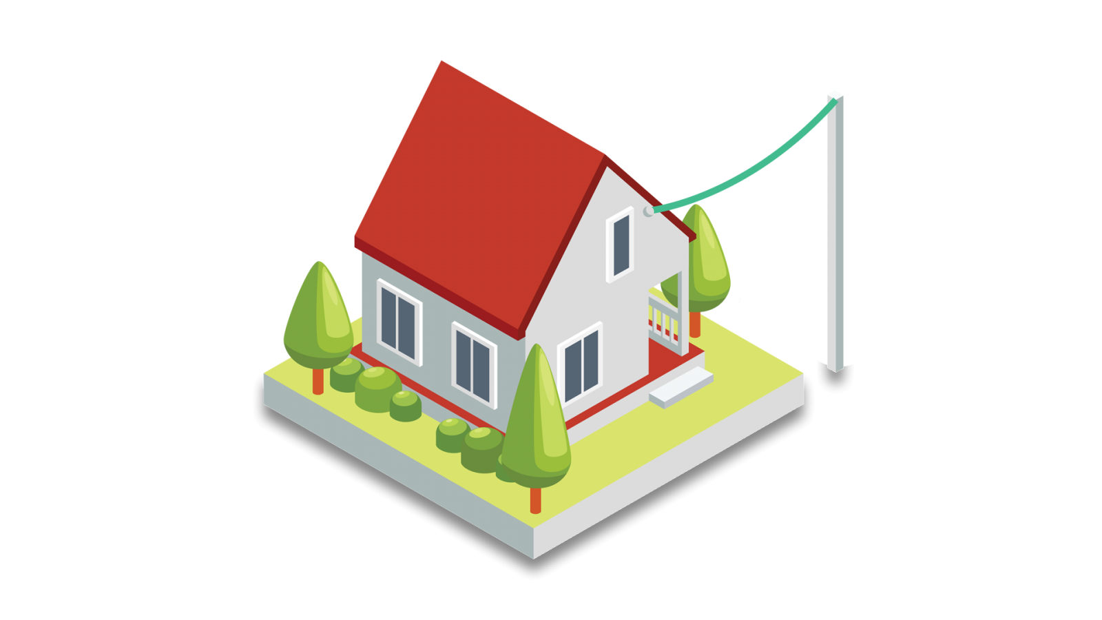 isometric illustration of a house with a power line coming from a pole