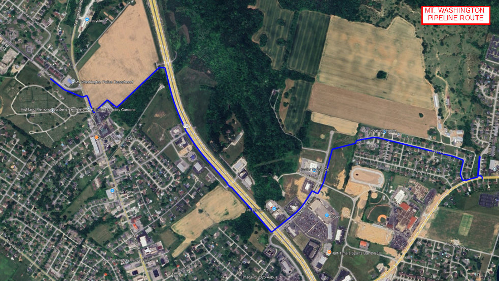 aerial map view of pipeline route