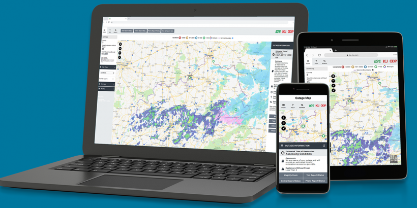 laptop, tablet, and smartphone with outage map displayed on blue background