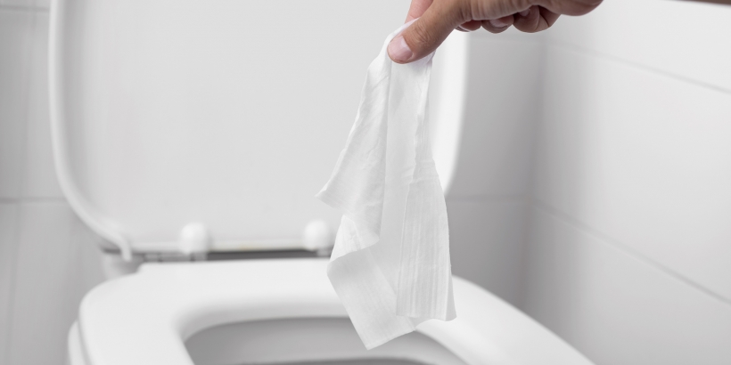 a hand with a wipe over a toilet
