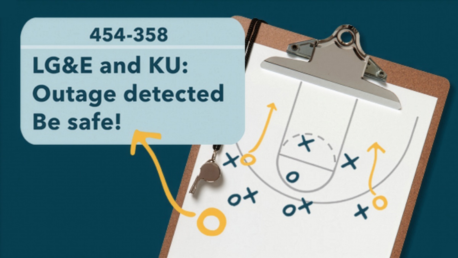 clipboard with basketball play on it and text reading LG&E and KU: Outage detected Be safe