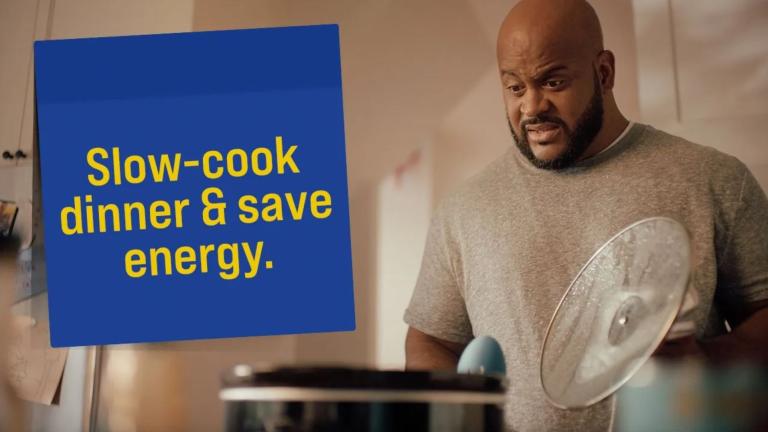 person using a slow cooker with words "Slow-cook dinner and save energy."