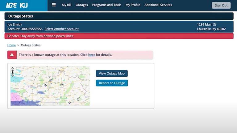screenshot of My Account outage report