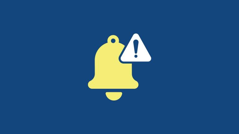 icon of a yellow bell with a white alert and exclamation point on top, on a blue background