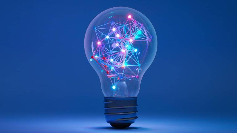 rendering of a light bulb with connections and nodes inside