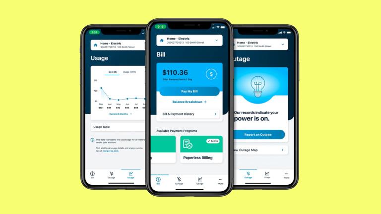 three mobile devices showing screens from the LG&E and KU mobile app on a yellow background