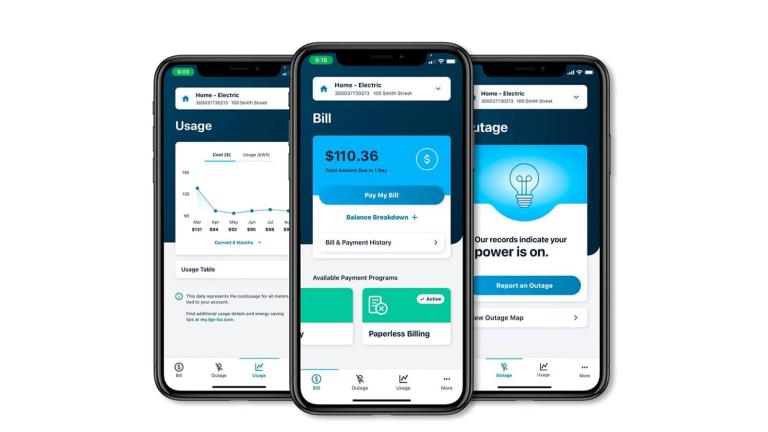 three smartphones displaying our mobile app
