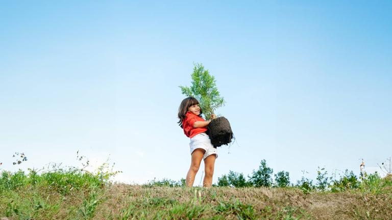 girl holding a tree