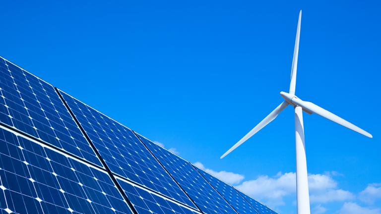 Solar panels and wind turbine
