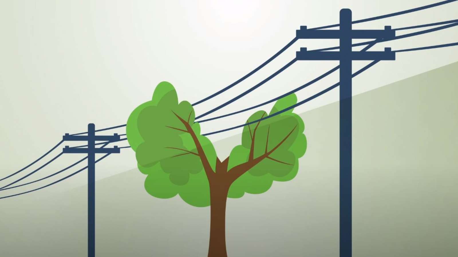 cartoon of a trimmed tree avoiding power lines