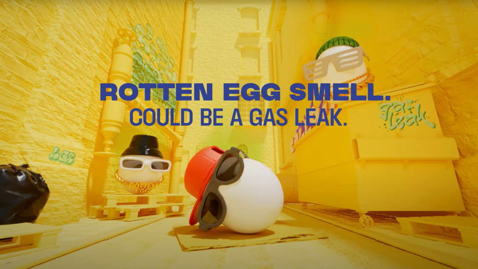 eggs with sunglasses with text "Rotten egg smell. Could be a gas leak."