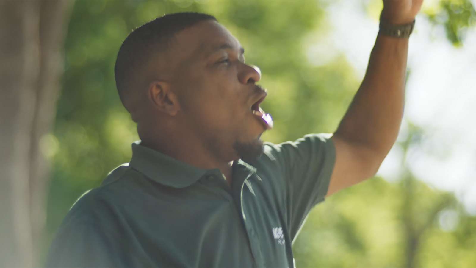 person in green polo shirt cheering for a baseball player with trees in the background