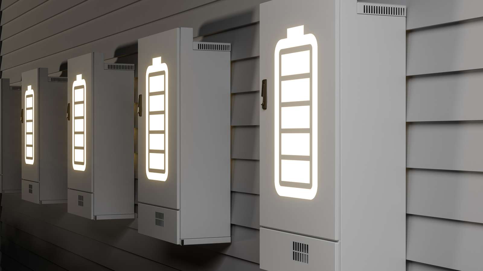 Four white battery storage units on a house wall with battery icons on each one