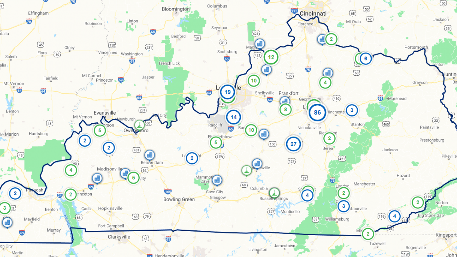 map of Kentucky showing circles where properties are available
