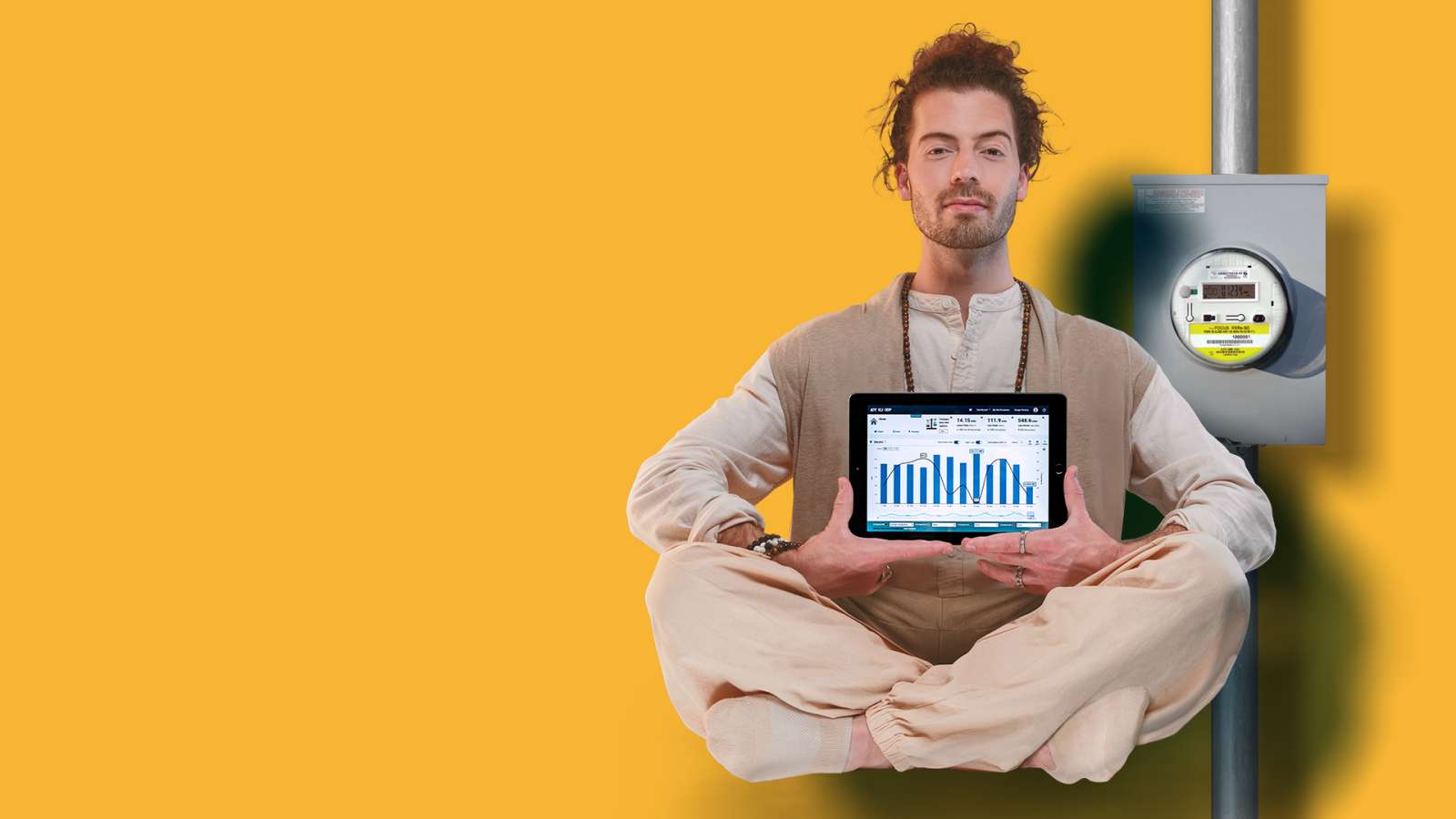 a guru floating in air holding a laptop