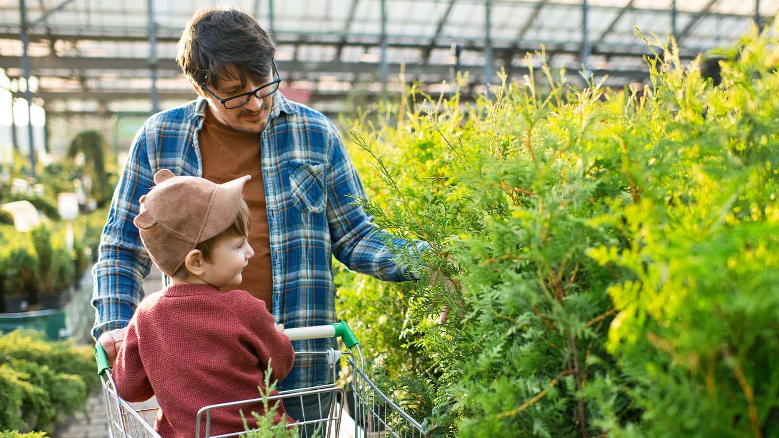 Dad with child in cart at a garden center