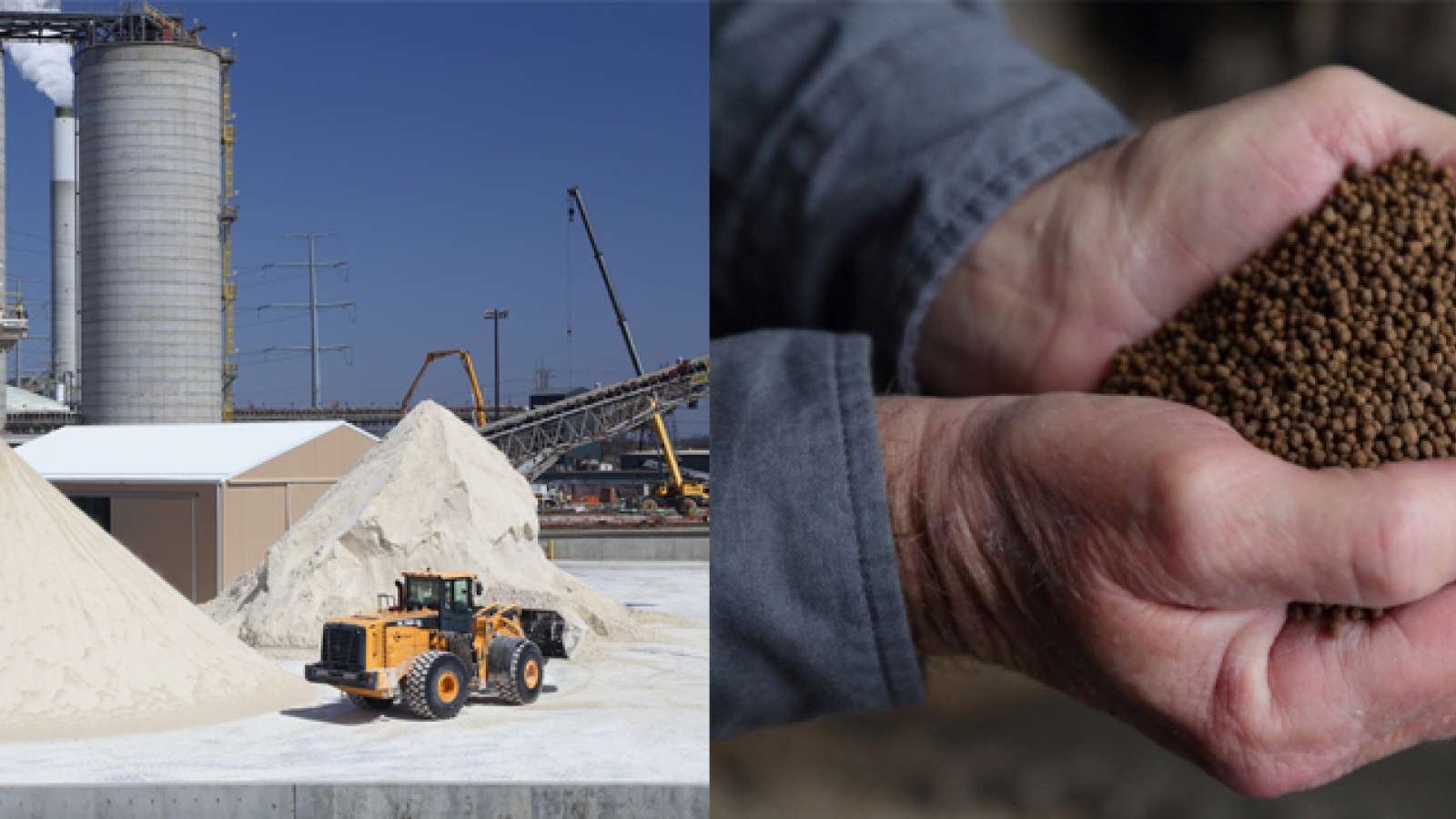 two images - left a front loader with dry materials at a plant; right two hands holding dry material