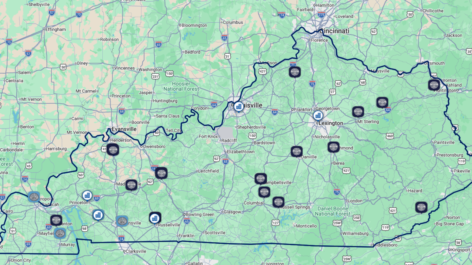 map of Kentucky with property icons