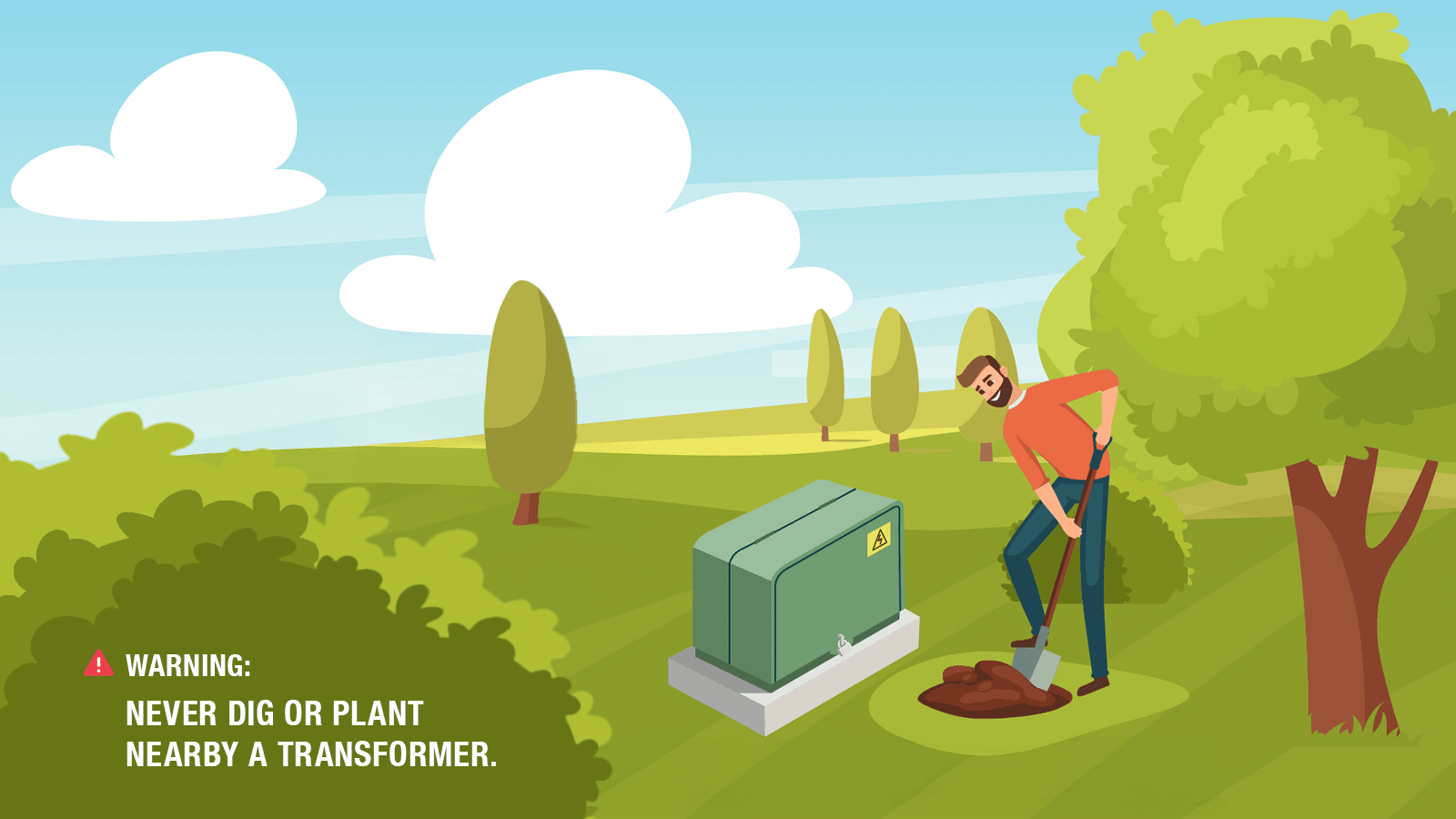 cartoon of a person digging near a pad-mounted transformer