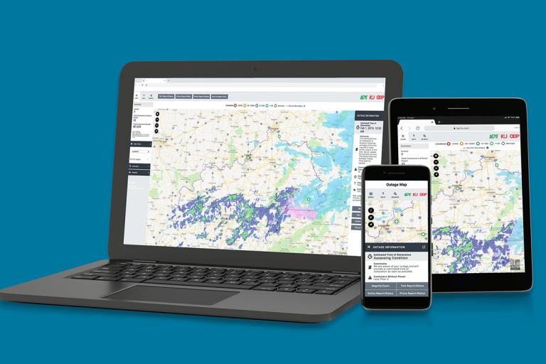 laptop, tablet, and smartphone with outage map displayed on blue background