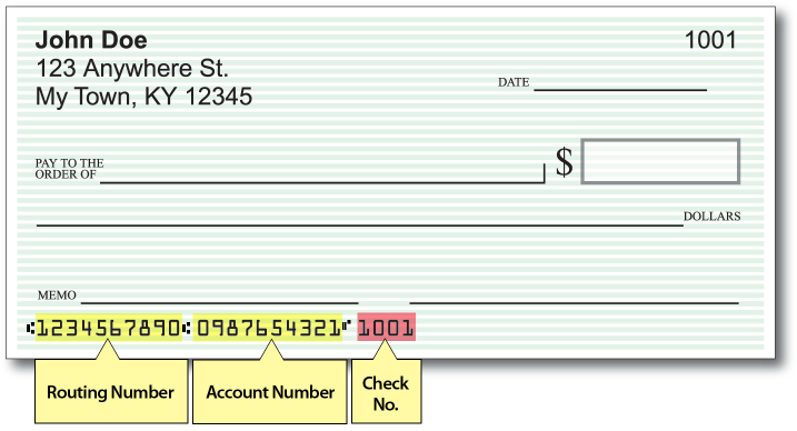 view of a bank check pointing out the different numbers at the bottom of the check