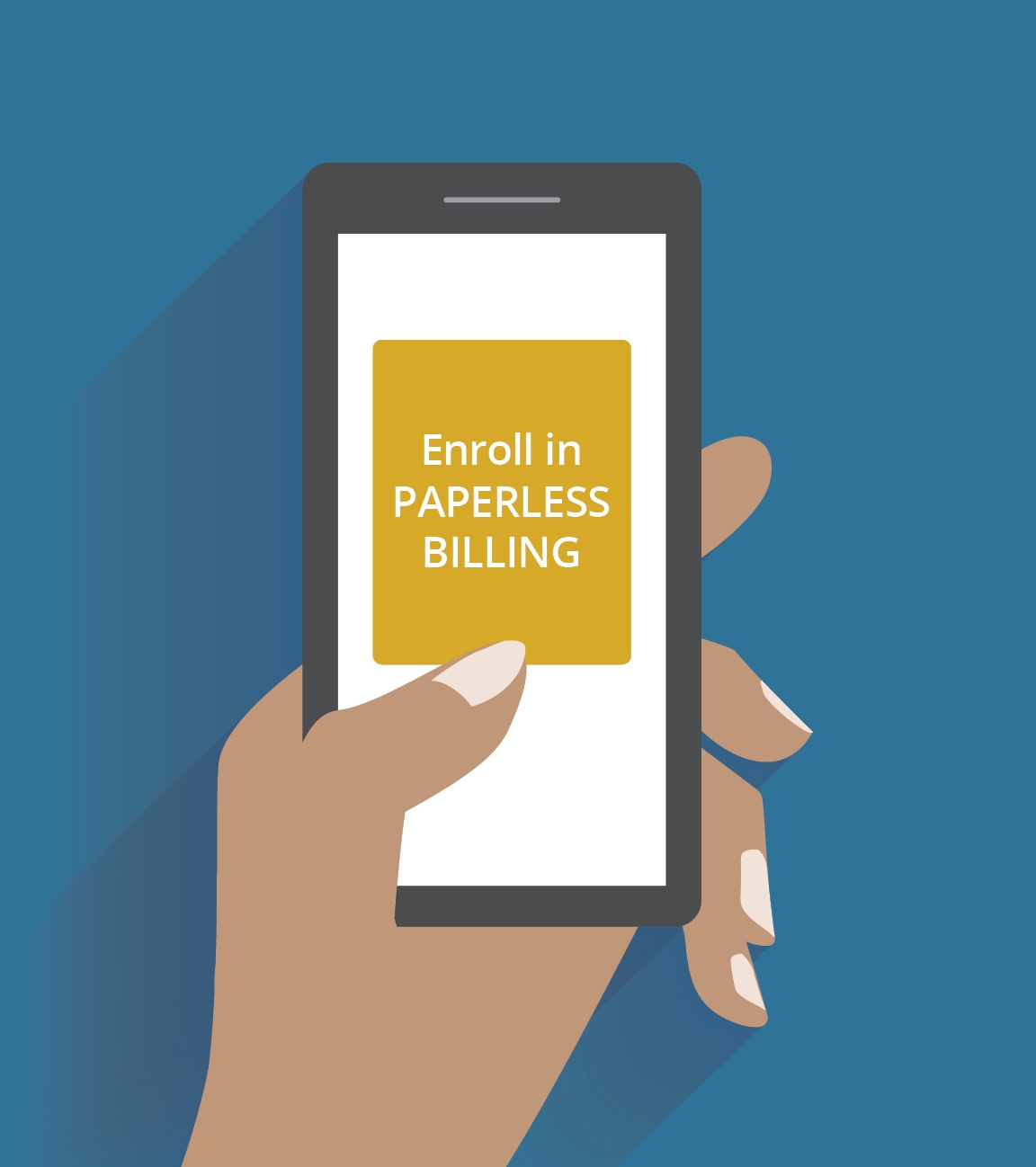 Illustrated hand holding mobile phone that says Enroll in paperless billing