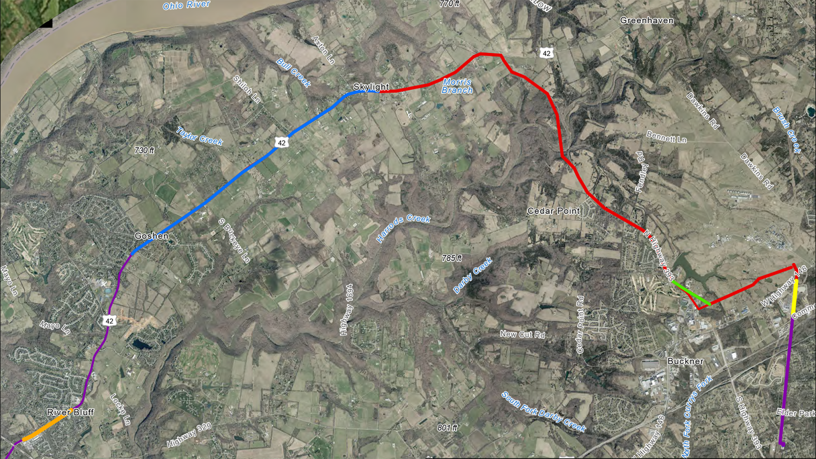 aerial map of US 42 projects