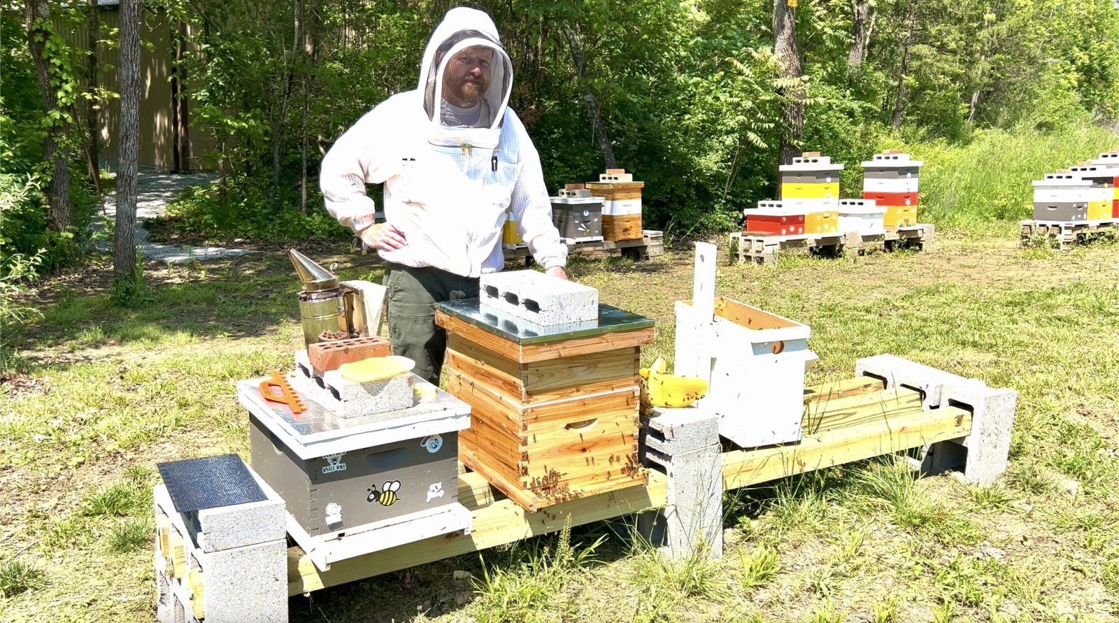 Employee Josh Scott with beehives 