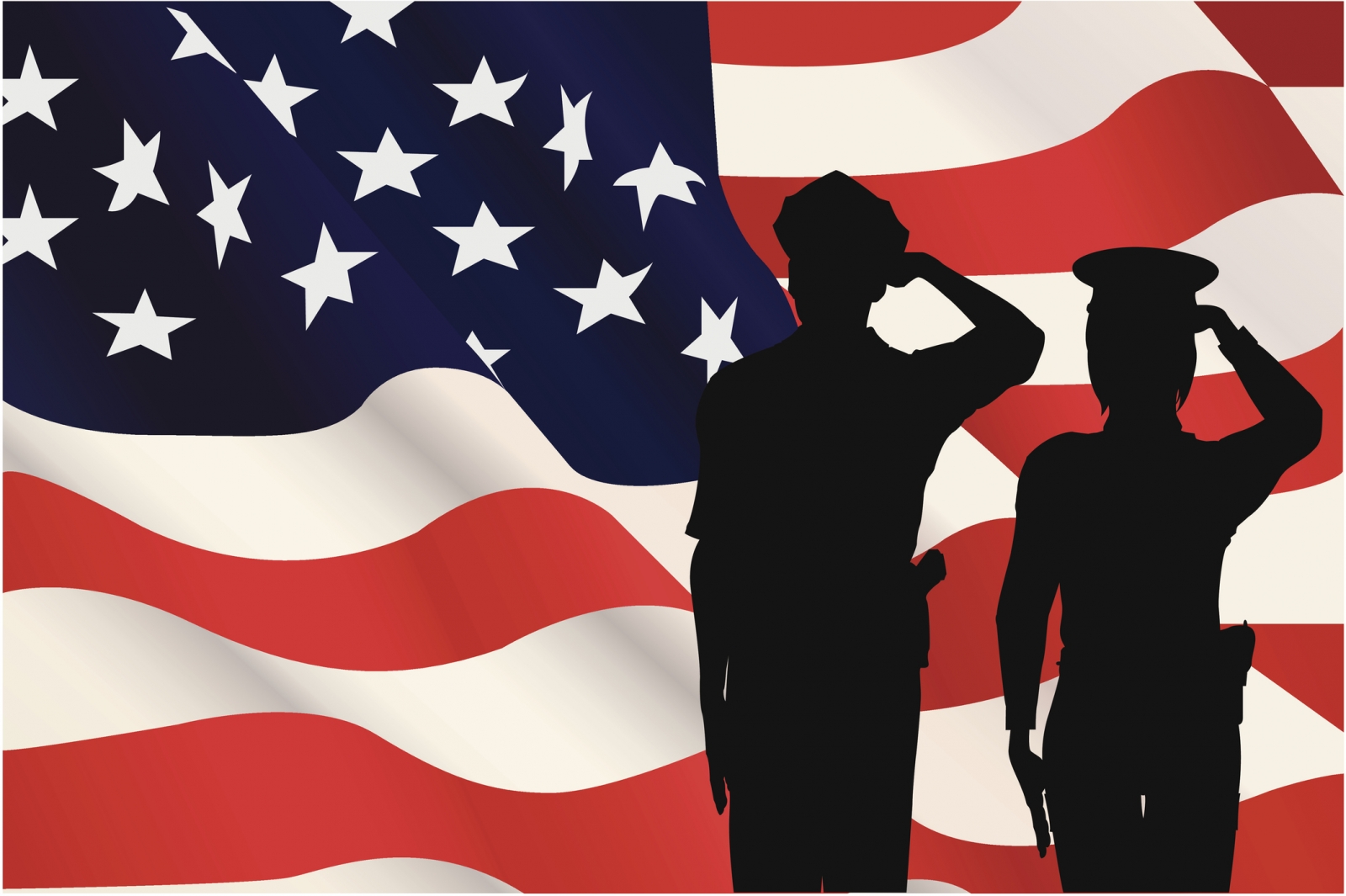 U.S. flag with silhouettes of military personnel in front